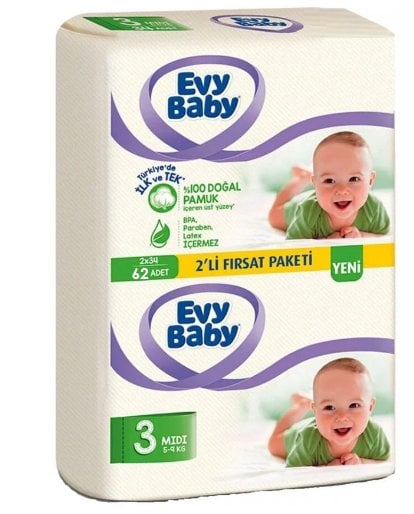 Evy Baby Bebek Bezi 3 (5-9Kg) Midi 62 Adet (2 Li Fırsat Pk Serisi)